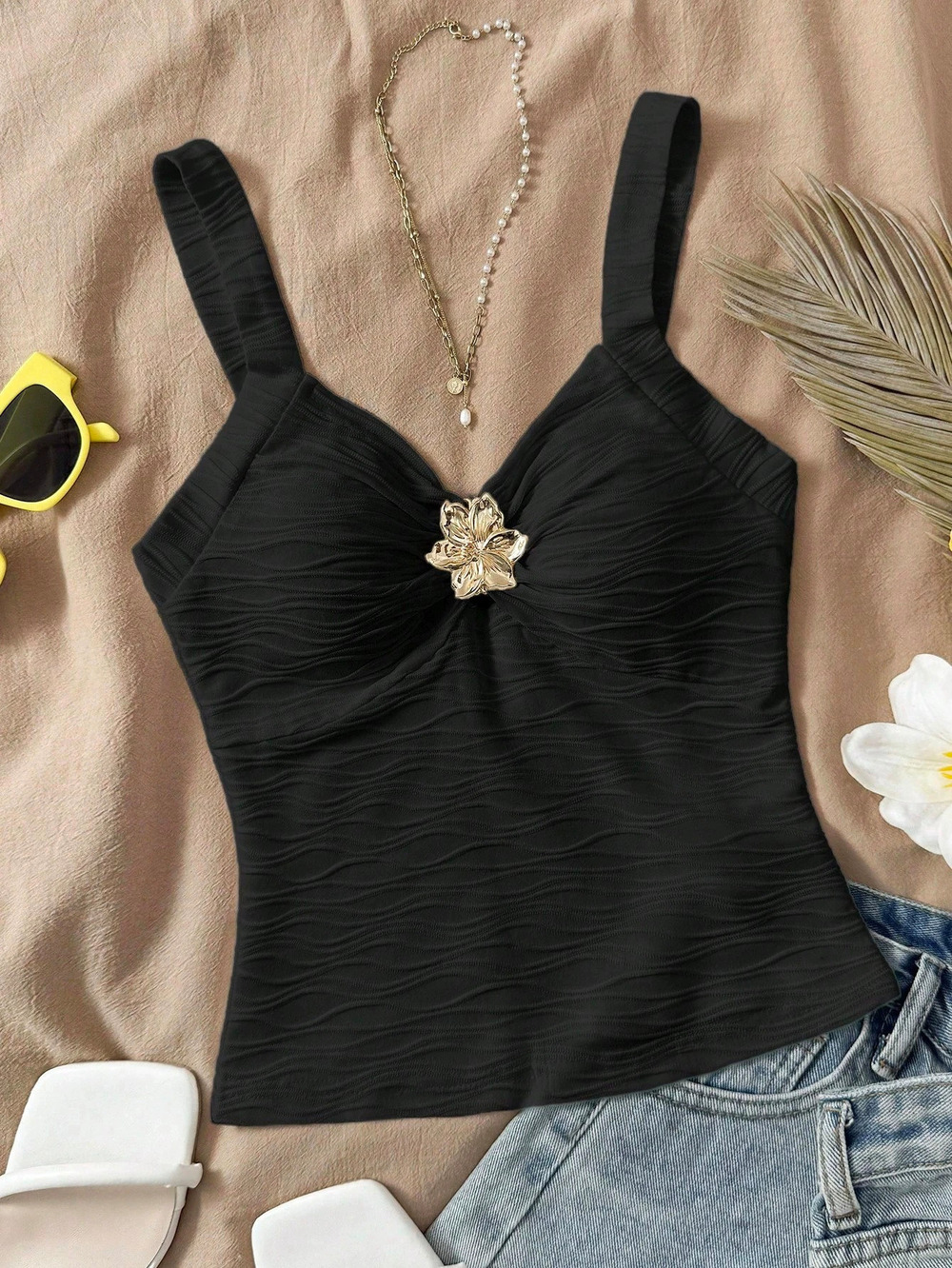 ZARA Black Retro Metal Flower Slim Fit Camisole Sleeveless Top